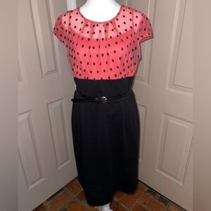 Tiana B. Coral and Black Dot Midi Dress